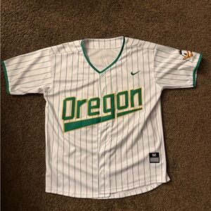 Nike Men's Oregon White Green Yellow Pinstripe Baseball Jersey